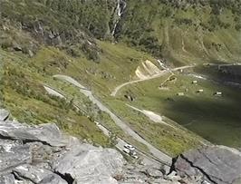 Multiple hairpin descents from he Myrkdalen Viewpoint, 34.9 miles from Balestrand, 735m above sea level